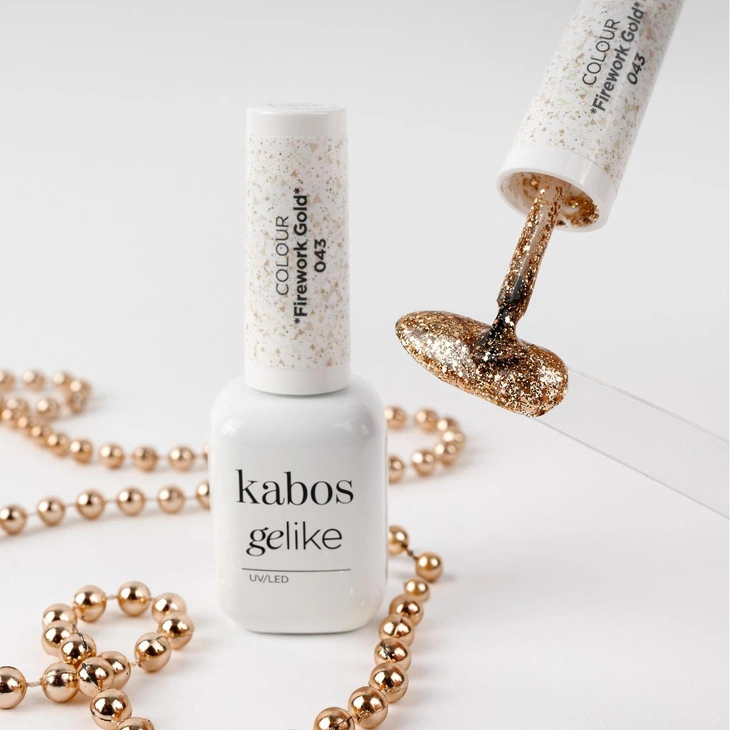 Lakier hybrydowy Kabos Gelike 043 Firework Gold z brokatem 8 ml