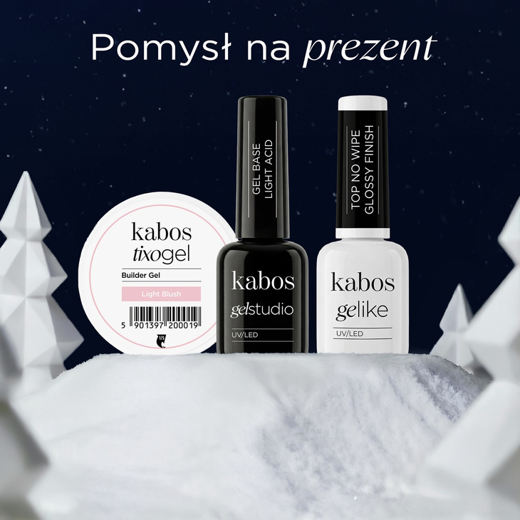 Zestaw Kabos Gelstudio & Gelike: Gel Base Light Acid, Top Coat No Wipe Gloss i Tixogel Builder Gel Light Blush
