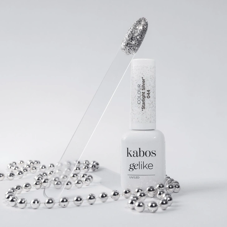 Lakier hybrydowy Kabos Gelike 044 Starlight Silver z brokatem 8 ml
