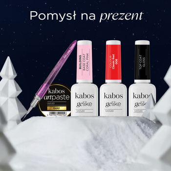 Zestaw Kabos Gelike: Building Base Coral Pink, Top Coat Gloss, 008 Classic Red, ArtPaste Gold i pędzelek